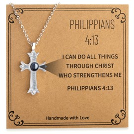 Semoya Silver Cross Necklace for Women, Bible Verse Cross Pendant Chain Christian Religious Projection Jewelry First Communion Confirmation Christmas Valentines Gifts for Her (Philippians 4:13)