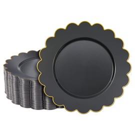 Sparkle and Bash 50 Pack Black Plastic Plates, 9 Inch Disposable for Party Supplies, Wedding, Gold Foil Scalloped Edges