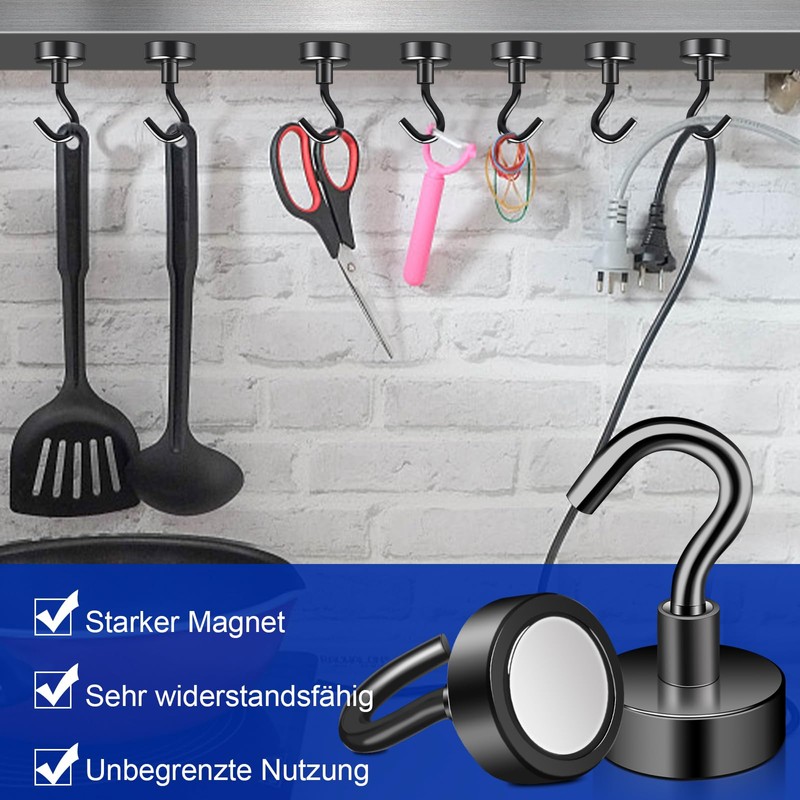 Keukenket Magnetic Hooks, Extra Strong, Black, Neodymium Magnet with Hooks,