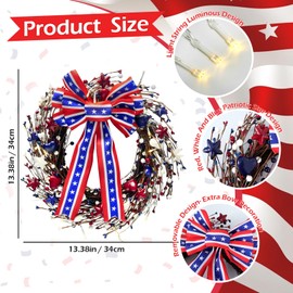 APUDWN 4th of July Wreath with Bow Battery Powered Patriotic Wreath for Front Door Light up Red White Blue Door Hanger American Independence Day Door Hanging Sign Memorial Day Flag Day Decorations