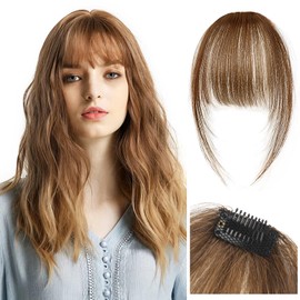Kikone Clip-in pony bangs hair, 100% real human hair bangs, bangs clip-in hair extensions, human hair, hand woven air bangs with sideburns, curved bangs for daily wear (light brown)