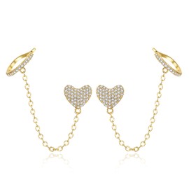 Earrings for Women, Cubic Zirconia Drop Earrings with 18 Carat Real Gold Plated, Heart Chain Cuff, Hypoallergenic Earrings, Trendy Jewellery for Girls and Women, Brass, No Gemstone