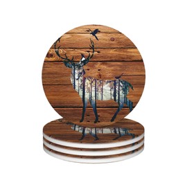 Generic Absorbent Coasters for Drinks Wood Deer Antlers, Set of 4 Ceramic Cork Base Coasters Set Decorative 4.1"", 123654