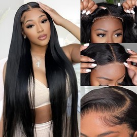 Wear and Go Glueless Wigs Human Hair Pre Plucked Pre Cut 5x5 HD Lace Closure Wigs Human Hair 180% Density Straight Lace Front Wigs Human Hair for Women 34 Inches (34in, black)