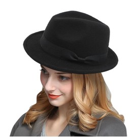 ASTRQLE Mens Manhattan Fedora Hat Felt Trilby Fedora Hat Short Brim Fedora Hat(Black)