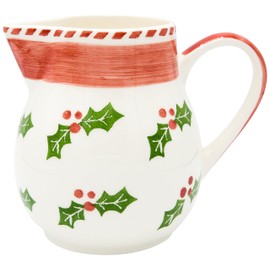 Euro Ceramica Natal Collection Festive 6.7" Decorative Ceramic Pitcher, Holiday Holly Design, Multicolor