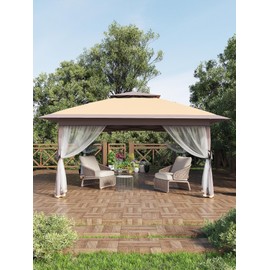 Garvee 13x13FT Pop Up Gazebo, Canopy Tent with Mosquito Netting,Outdoor Gazebos for Backyard & Patio Furniture - Pop Up Canpy with Wheeled STO-N-Go Cover Bag (Khaki+Light Khaki)