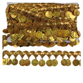 MIPPER 10 Yards Coin Shape Sequin Tassel Trim 1.77 Inch Width Fringe Lace Dance Dress Belt Chain DIY Clothing Ribbon (Gold)