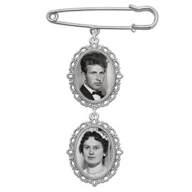 Wedding Bouquet Photo Charm Pin Cascading Double Oval Frame for Bride's Flowers or Boutonniere, Silver plate