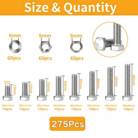 Zmbroll M5 Hex Cap Bolts 275Pcs Metric M5x10/12/16/20/25/30/35/40mm 304 Stainless Steel Screws External Hex Drive Heavy Duty Hexagon Cap Bolts Nuts Flat Lock Washers Assortment Kit