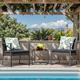 Devoko PP Patio Furniture Set 3 Piece All Weather Outdoor Bistro Chairs with Cushions and Coffee Table for Outside Garden Balcony Porch (Black)