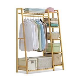 MoNiBloom Bamboo Garment Rack with 5-Tier Storage Shelves Trapezoid Multi-Functional Garment Rack, Clothes Hanging Rack Stand for Bedroom Living Room (Length 43.3", Natural)