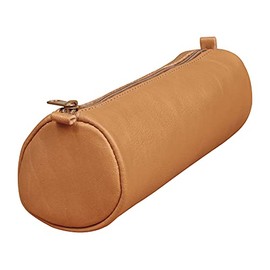 Clairefontaine - Ref 77017C - Age Bag Medium Leather Round Pencil Case - 21 x 6cm, Genuine Lambskin Leather, Vegetable Tanned Dye, Metal Zipper - Brown