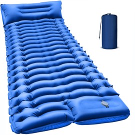 Camping Sleeping Pad with Pillow Built-in Foot Pump Inflatable Sleeping Mat Compact for Camping Backpacking Hiking Traveling - Blue