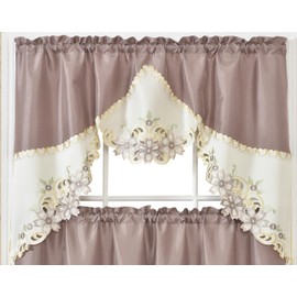 GOHD Arch Floral Kitchen Curtain Set/Swag Valance & Tier Set. Nice Matching Color Floral Embroidery on Border with cutworks (Taupe)