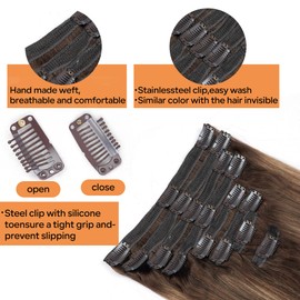 Pobokix Straight Clip In Hair Extensions Real Human Hair 8Pcs Clip In Balayage Chocolate Brown to Caramel Blonde Human Hair Extensions with 18Clips Lace Weft 120g 22inch