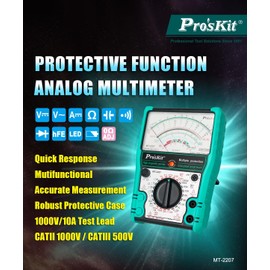 Pro'sKit Tool Solutions MT-2207 Protection Function Analogue Multimeter Quick Response Multifunctional Accurate Measurement Robust Protective Case 1000V/10A Test Lead CATII 1000V / CATII 500V