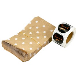 CuteBox Company 100pcs 6" x 9" White Polka Dot on Kraft Flat Paper Gift Bags with 100pcs 1.5" Black/Orange Thank You Stickers for Retail, Packaging, Party Favors, Birthdays, Weddings