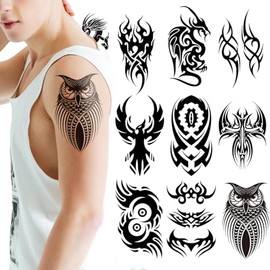 10 Láminas De Tatuajes Tribales Negros: Diseños De Dragón, Búho, Águila Y Cruz. Pegatinas De Tatuajes Temporales Resistentes Al Agua Para Adultos Y Ni