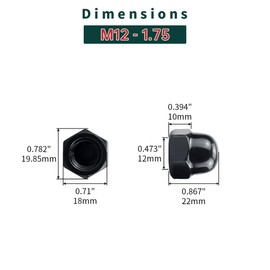 M12-1.75 Black Acorn Hex Cap Nuts (10 pcs), 304 Stainless Steel 18/8, Black Oxide Coated, Acorn Dome Head Cap Nuts, Fayeploo