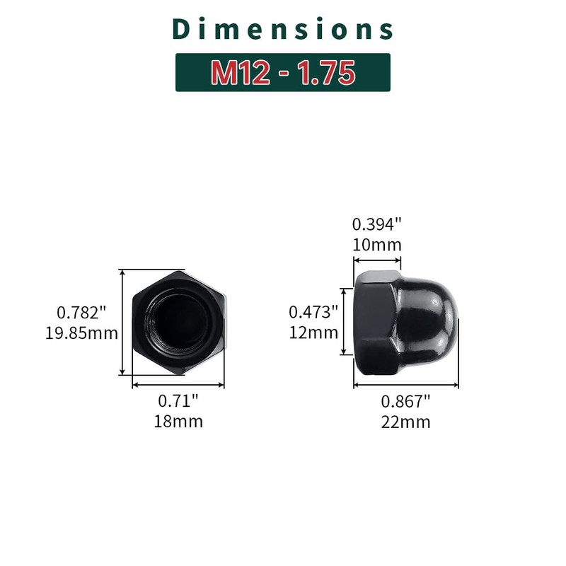 M12-1.75 Black Acorn Hex Cap Nuts (10 pcs), 304 Stainless