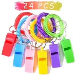 PRLOSO - 24 pulseras de silbato con llavero para niños, regalos de fiesta de plástico, juguetes de silbato a granel