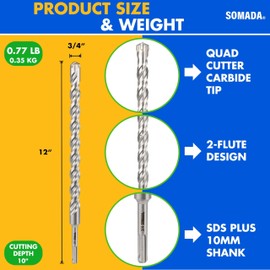 SOMADA 3/4-Inch x 12-Inch SDS Plus Long Drill SDS-Plus Rotary Hammer Drill Bit 4-Cutter Carbide Tip for Concrete, Brick, Stone and Masonry Drilling