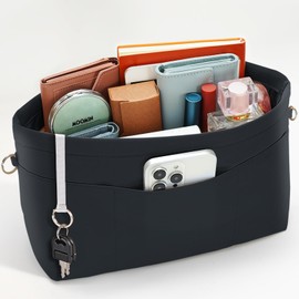 SHINGONE Handbag Organiser with Key Ring, Pocket Organiser, Waterproof, Inner Pockets for Handbags Organiser, Cosmetic Organiser with Zip, Black, M