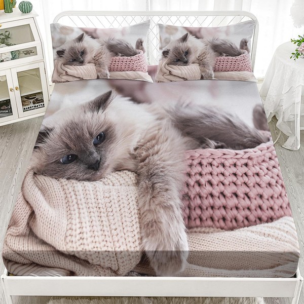 AILONEN Cat Fitted Sheet Set Cat Bedding Sets for Girls,Cat