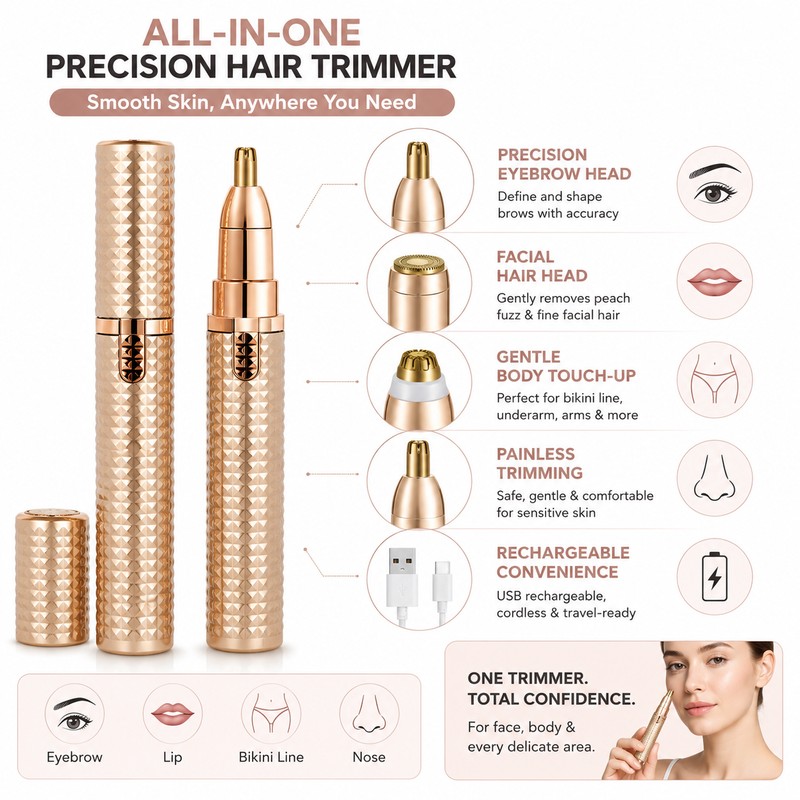 Rechargeable Facial Hair Trimmer for Women & Men – 4-in-1