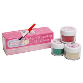 Set of 3 Holly Cupcakes Stunning Sparkly Decorating Glitters with Application Brush: Gold, Red and Holly Green