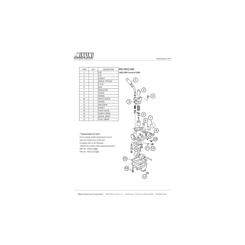 Mikuni Carburetor Rebuild Kit for Yamaha PW80