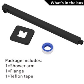 Voolan 16“ Square Shower Arm with Flange and Teflon Tape, Extension Shower Head Arm for Bathroom Fixed Shower Head, Solid Stainless Steel, Wall Mounted (Black)