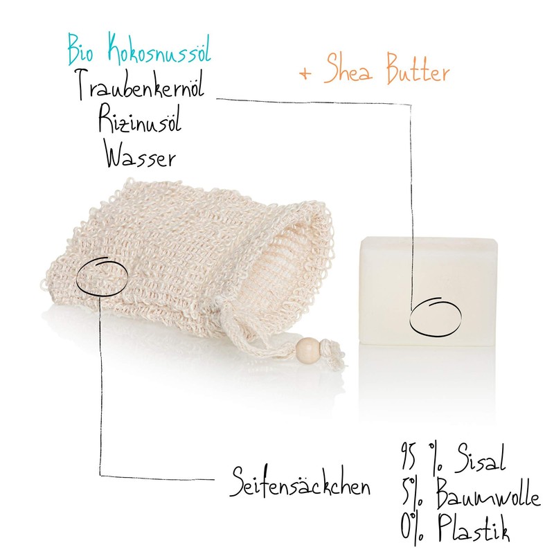 Organic shower soap with soap bag, without plastic or palm