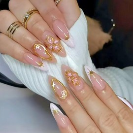 Flower Press on Nails Medium Almond Fake Nails Pink Nude False Nails with Gold Flowers Embossed Designs Glossy Full Cover Glue on Nails Stick on Nails Acrylic Nails for Women Girls 24 Pcs
