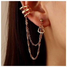 Inilbran Boho Heart Ear Cuff Earrings Gold Tassel Chain Dangle Earrings Vintage Heart Cartilage Chain Clip Earrings Heart Crawler Climber Earrings Jewelry for Women and Girls
