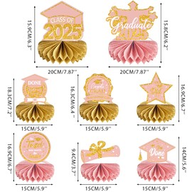 8 PCS Pink Rose Gold Graduation Party Decorations Class of 2025 Rose Gold Congrats Grad Honeycomb Centerpieces Congratulate Graduation Table Toppers for Graduation Party Supplies (Pink Gold)