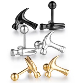 Feilok 6pcs Stainless Steel Small Hammer Stud Earrings Screw Back for Men Boys 3 Colors Black Silver Gold, 3 Pairs