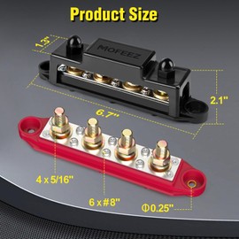 MOFEEZ Power Distribution Block Bus Bar, 4 x 5/16" Posts, 6 x #8 Screws Terminals, Max 48V 250A (Pair, Red & Black)