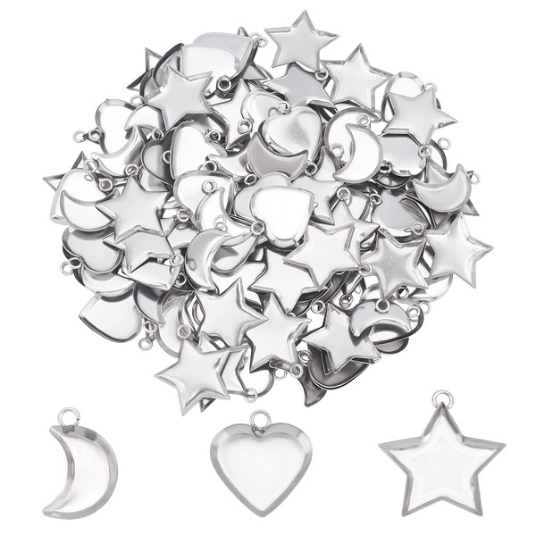 UNICRAFTALE About 120pcs Heart/Moon/Star Pendant Trays Stainless Steel Blank Bezel
