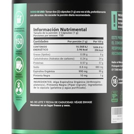 B Life Espirulina Orgánica 300 Cápsulas | Superfood con Alta Proteína y Energía Natural | 5 Veces Más Cápsulas vs Otros con 60