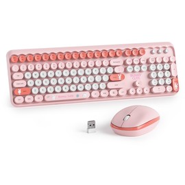 Mosptnspg Girly Keyboard and Mouse Wireless, 2.4GHz Full-Sized Cute Pink Keyboard Mouse Set with Retro Typewriter Round Keys for Windows, Computer, Laptops, PC (Dot Pink)