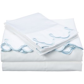 Belle Epoque Traditional Scalloped Embroidered Queen Sheet Set Light Blue, 4 Piece