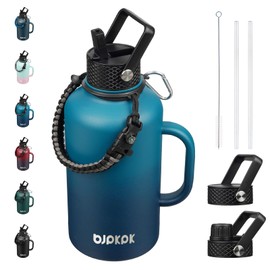 BJPKPK Half Gallon Insulated Water Bottles with Straw Lid & Side Handle, 50oz, 64oz, 87oz, 128oz Large, Stainless Steel Water Bottles with 3 Lids and Paracord Strap, Metal Water Jug,Vast