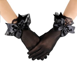 JISEN Women Party Bow Lace Elegant with Wrist Ruffle Bridal Wedding Gloves 11 Inch A-Black