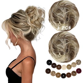 FeidyLong 2PCS Messy Bun Hair Piece Large Wavy Scrunchies Synthetic Chignon Ponytail Hair Extensions Thick Updo Hairpieces for Women 1.76oz each(Miedium Brown Mix Light Ash Blonde)