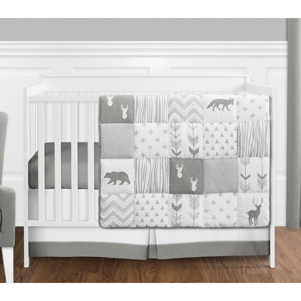 Grey and White Woodsy Deer Boy, Girl, Unisex Baby Crib Bedding Set by Sweet Jojo Designs - 4 Pieces