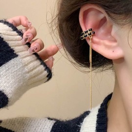 Inateannal Vintage Circle Chain Ear Cuff Earring Long Chain Ear Clip Earring Gold Tassel Chain Drop Earrings Cartilage Cuff Wrap Earrings Jewellery for Women and Girls, Alloy Steel