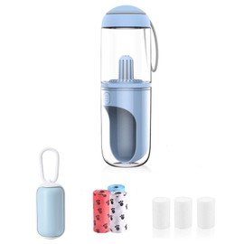 KuraMart Portable Dog Pet Travel Water Bottle Leak-Proof Drinking Cat Cup with 3PCS PP Conton Filter & Pet Dog Poop Bag Dispenser with 3 Rolls Waste Bags for Pets Outdoor Walking Hiking Travel (Blue)