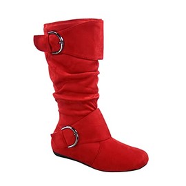 FZ-Fits Women's Closed Round Toe Buckle Side Zip Buckle Slouch Flat Heel Mid-Calf Boot
